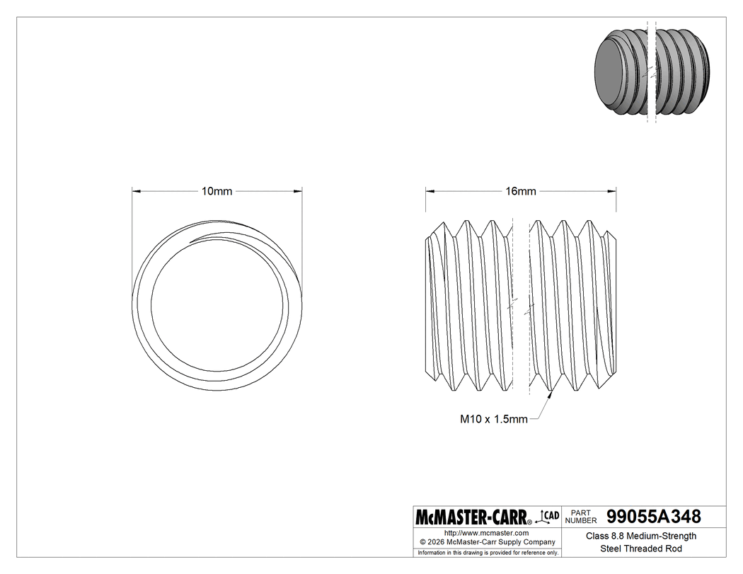 Technical Drawing of Class 8.8 Medium-Strength Steel Threaded Rod, M10 x 1.5 mm Thread Size, 16 mm Long.